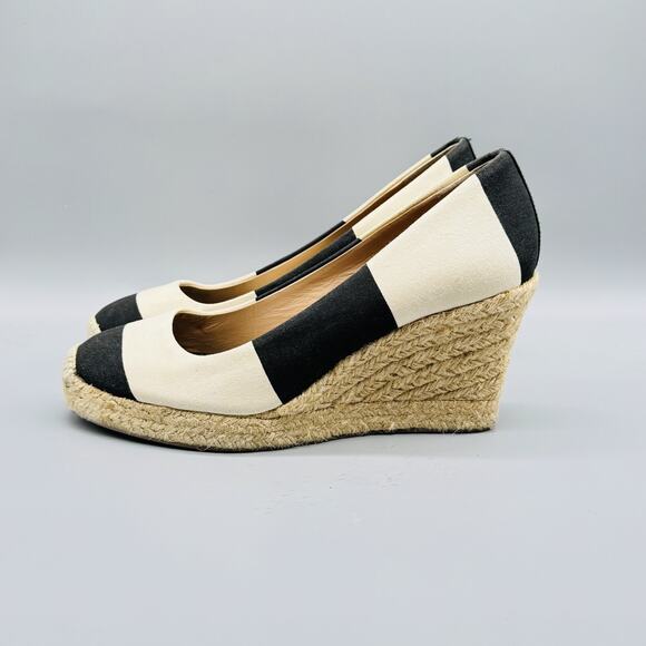 J Crew Shoes Womens 9.5 Black Ivory Wedge Espadrille Canvas Striped Summer - Picture 5 of 12